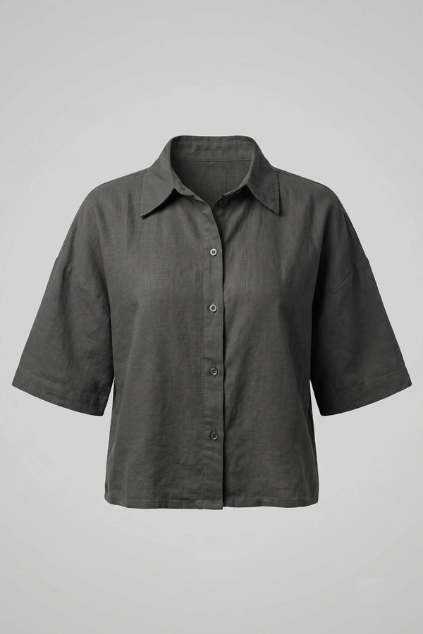 Women's Oversized Crop Linen Shirt Short Sleeve