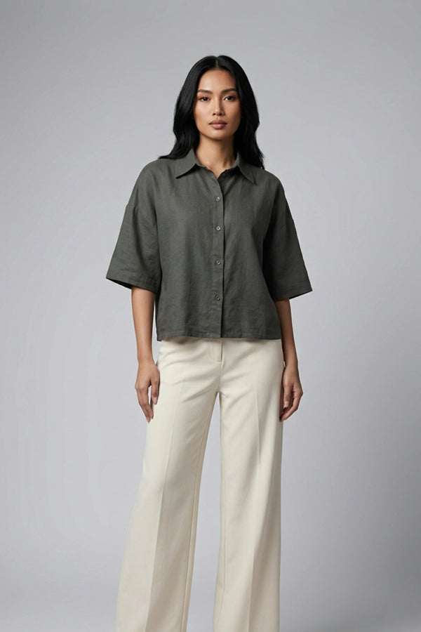 Women's Oversized Crop Linen Shirt Short Sleeve