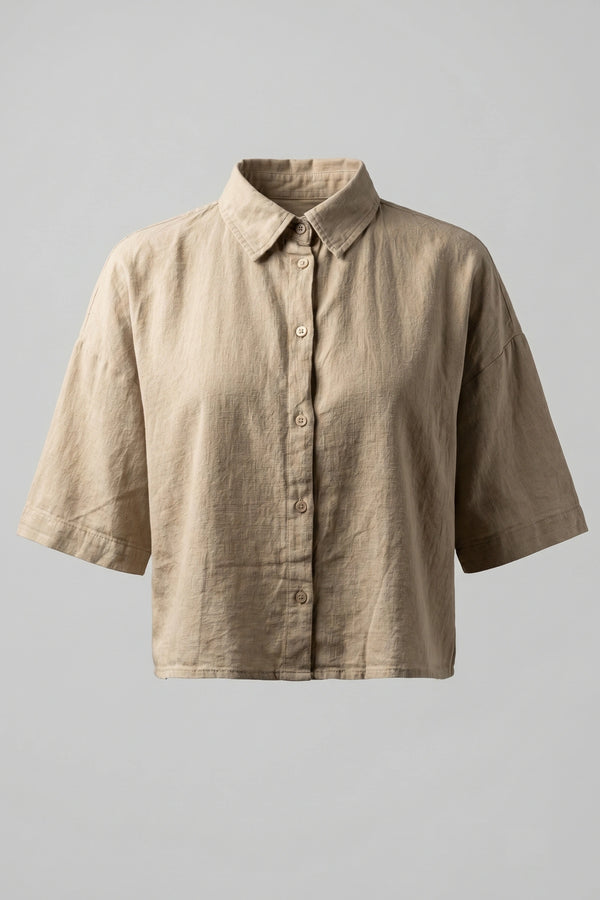 Women's Oversized Crop Linen Shirt Short Sleeve