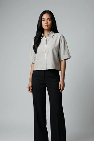 Women's Oversized Crop Linen Shirt Short Sleeve
