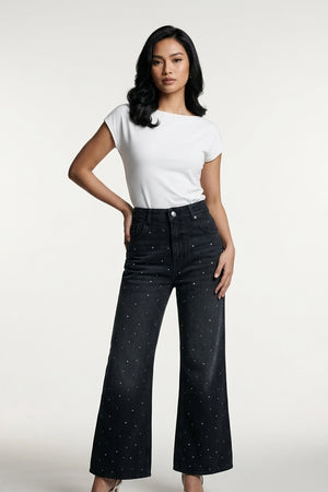 Women's Semi Bootcut Embellished Jeans Black Denim