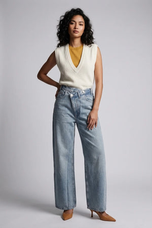 Women's Light Blue High Rise Wide Leg Jeans - 2 Button