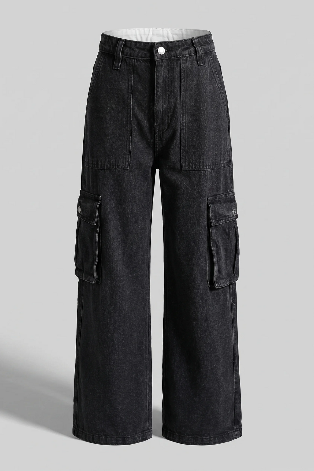 Women's Black Wide Leg Cargo Denim Jeans - High Waist