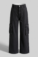 Women's Black Wide Leg Cargo Denim Jeans - High Waist
