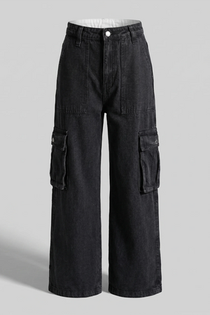 Women's Black Wide Leg Cargo Denim Jeans - High Waist
