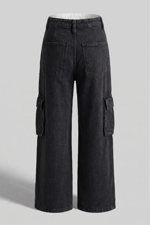 Women's Black Wide Leg Cargo Denim Jeans - High Waist