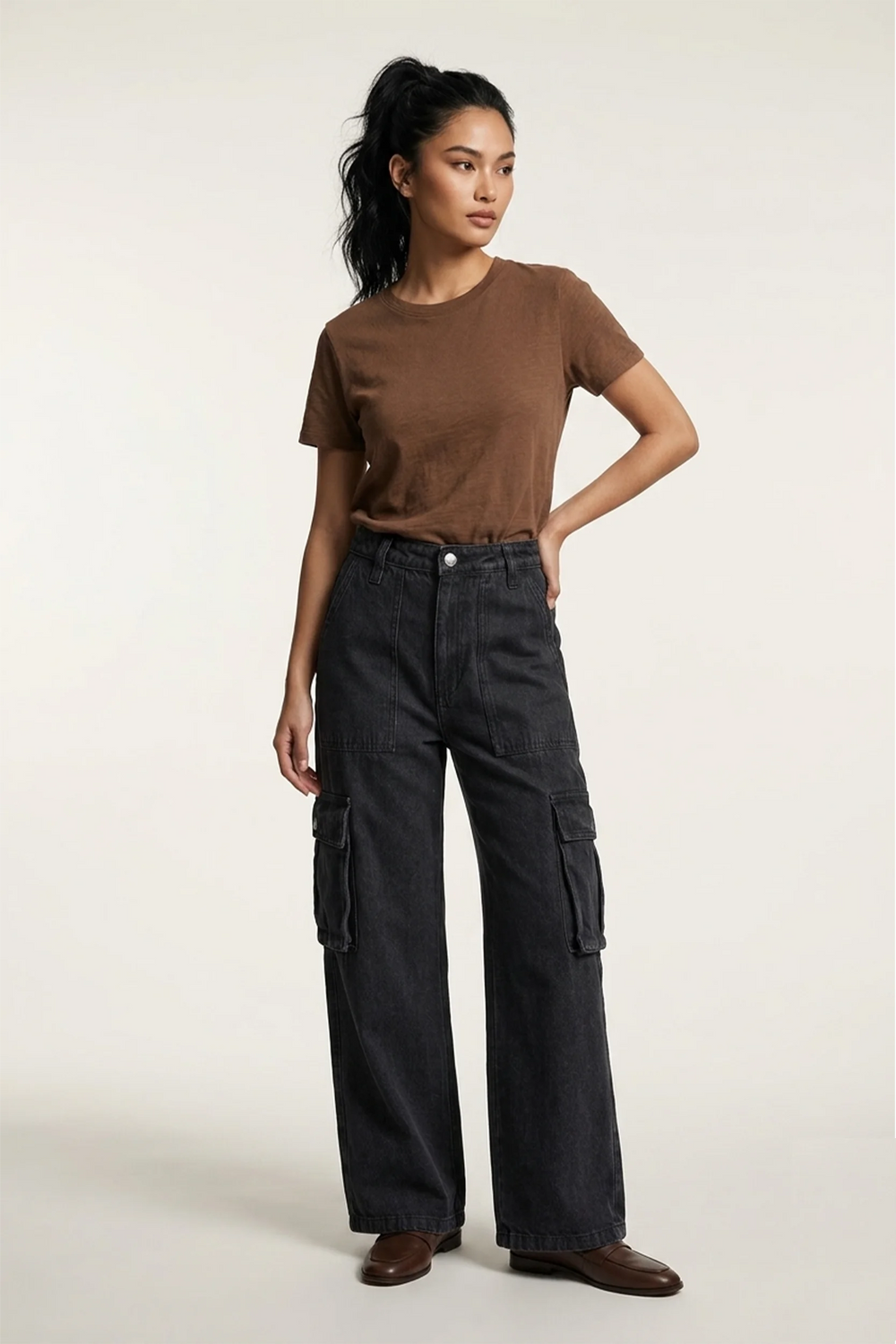 Women's Black Wide Leg Cargo Denim Jeans - High Waist