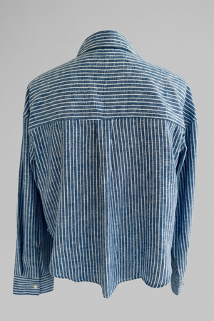 Women's Blue Striped Crop Long Sleeve Polo Shirt - Relaxed