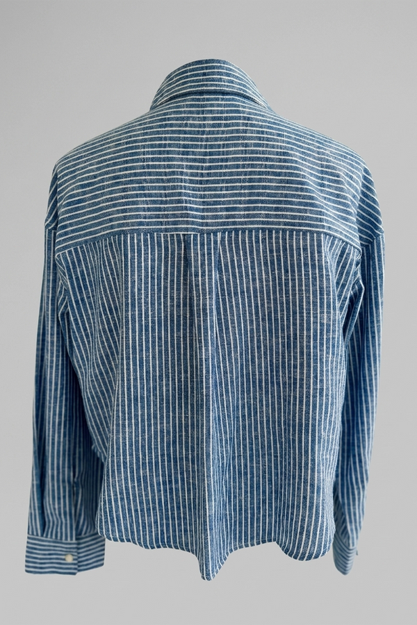 Women's Blue Striped Crop Long Sleeve Polo Shirt - Relaxed