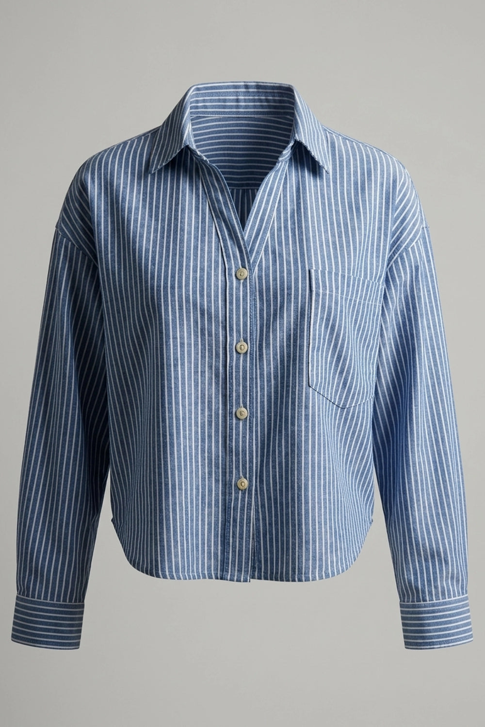 Women's Blue Striped Crop Long Sleeve Polo Shirt - Relaxed