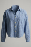 Women's Blue Striped Crop Long Sleeve Polo Shirt - Relaxed