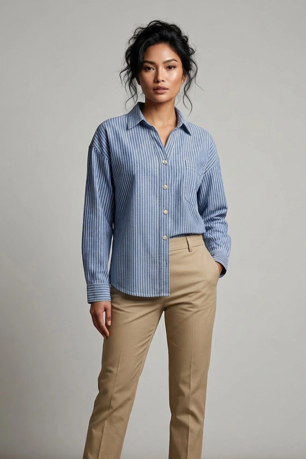 Women's Blue Striped Crop Long Sleeve Polo Shirt - Relaxed