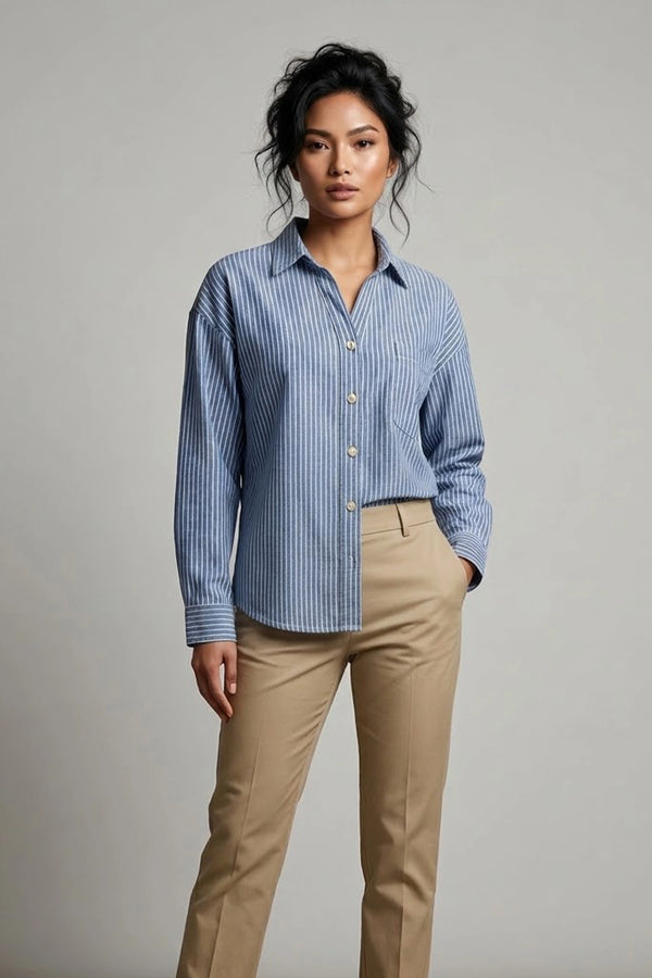 Women's Blue Striped Crop Long Sleeve Polo Shirt - Relaxed