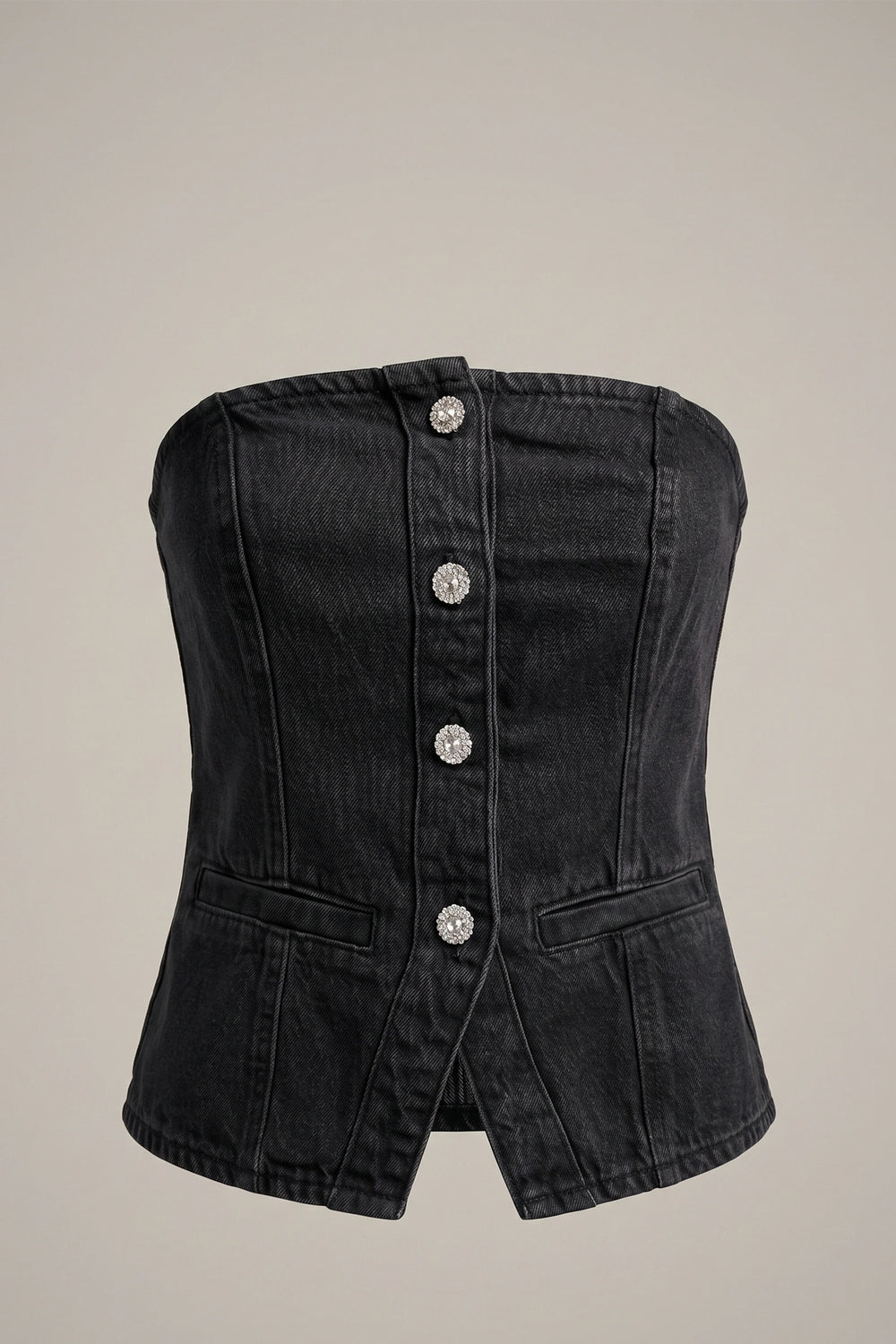 Women's Black Denim Tube Top - Corset Style Jewel Buttons