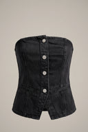Women's Black Denim Tube Top - Corset Style Jewel Buttons
