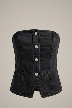 Women's Black Denim Tube Top - Corset Style Jewel Buttons