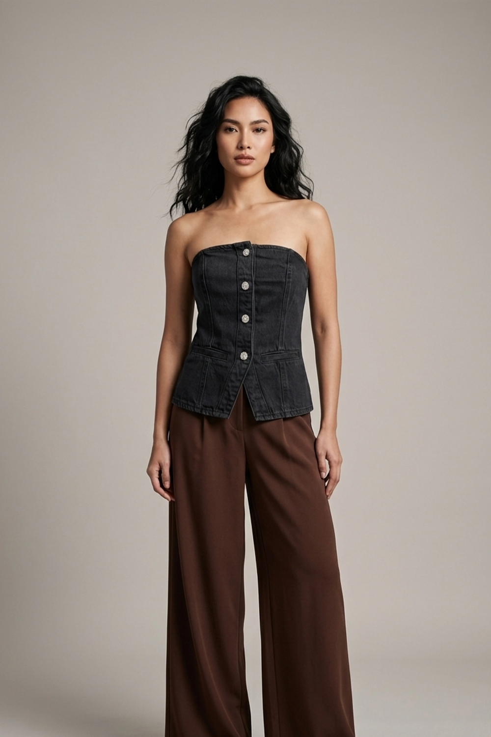 Women's Black Denim Tube Top - Corset Style Jewel Buttons