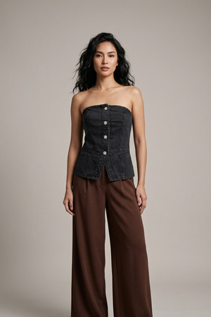 Women's Black Denim Tube Top - Corset Style Jewel Buttons