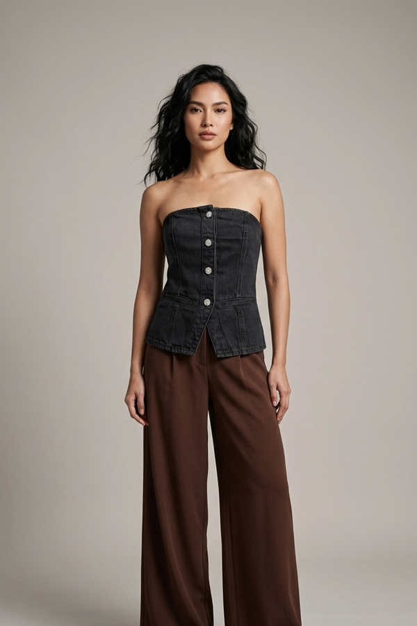 Women's Black Denim Tube Top - Corset Style Jewel Buttons