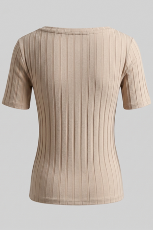 Women's Beige Ribbed Short Sleeve T-Shirt - Fitted