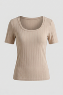 Women's Beige Ribbed Short Sleeve T-Shirt - Fitted
