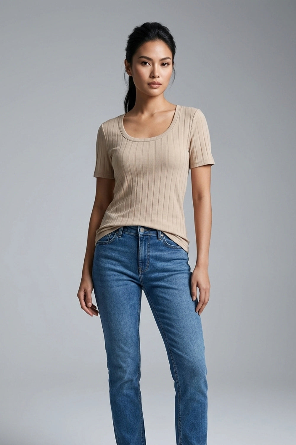 Women's Beige Ribbed Short Sleeve T-Shirt - Fitted
