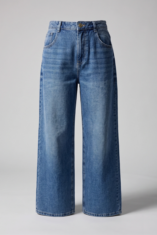 Women's Blue High Waist Wide Leg Denim Pants - Relaxed
