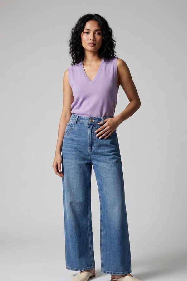 Women's Blue High Waist Wide Leg Denim Pants - Relaxed