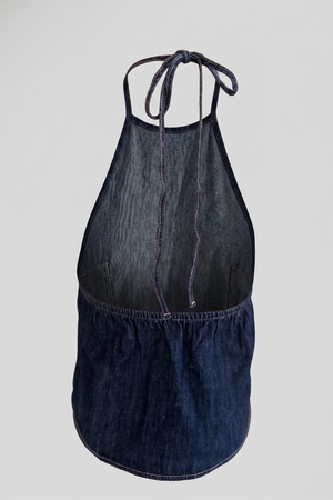 Women's Dark Blue Denim Backless Halter Top - Tie Neck