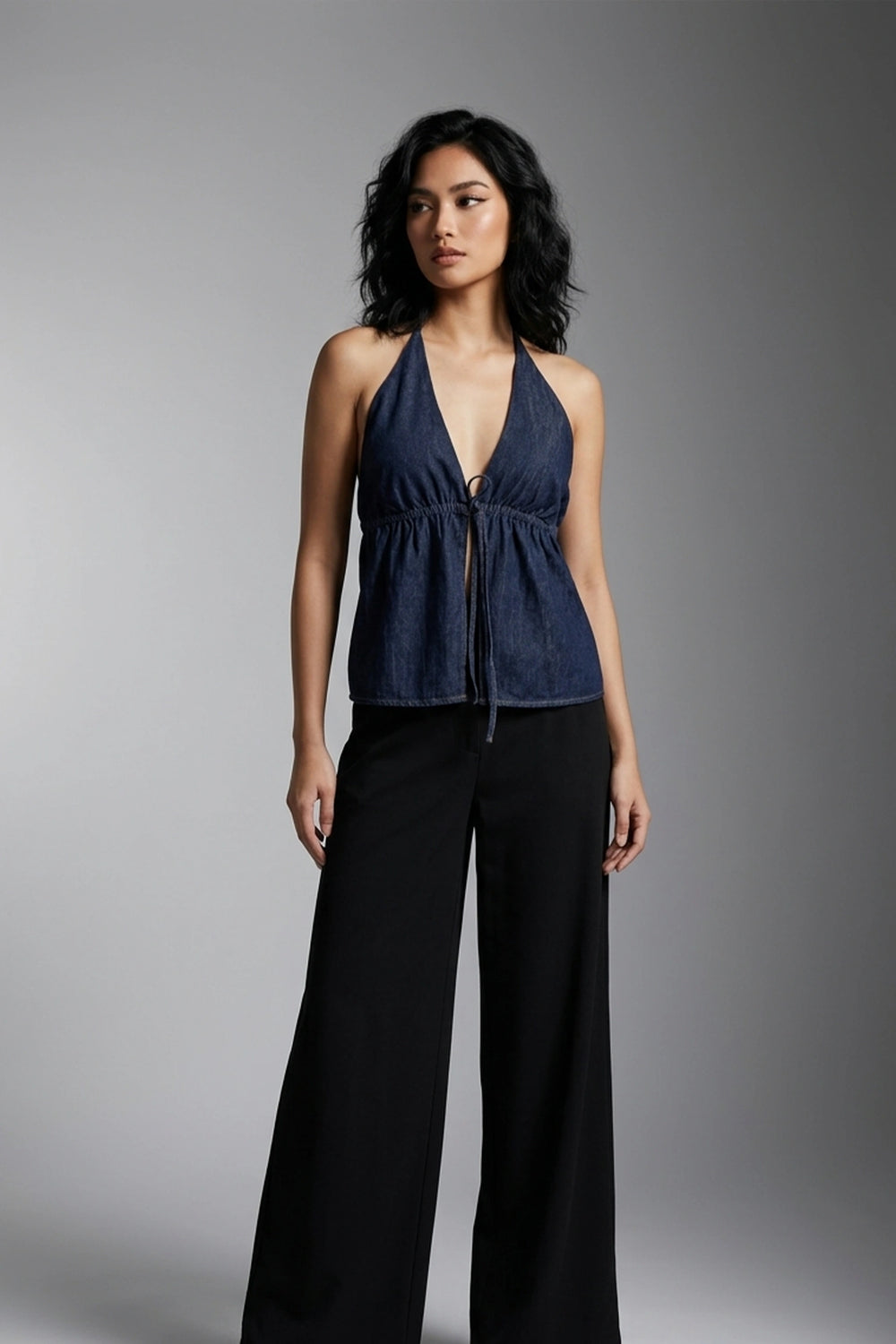 Women's Dark Blue Denim Backless Halter Top - Tie Neck