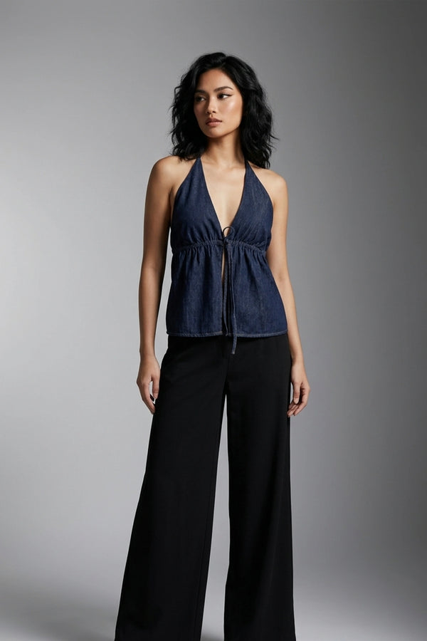 Women's Dark Blue Denim Backless Halter Top - Tie Neck