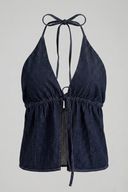 Women's Dark Blue Denim Backless Halter Top - Tie Neck