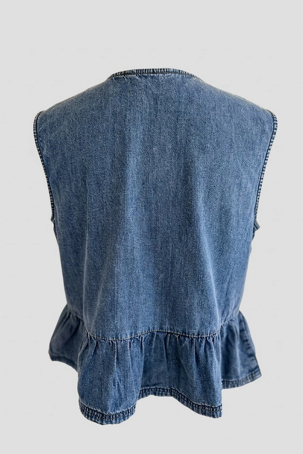 Women's Blue Denim Tie-Front Peplum Sleeveless Top