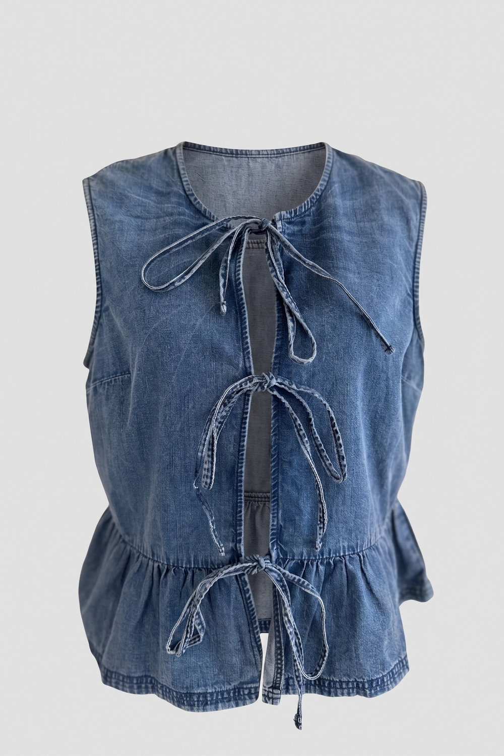 Women's Blue Denim Tie-Front Peplum Sleeveless Top