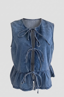 Women's Blue Denim Tie-Front Peplum Sleeveless Top