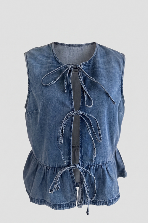 Women's Blue Denim Tie-Front Peplum Sleeveless Top