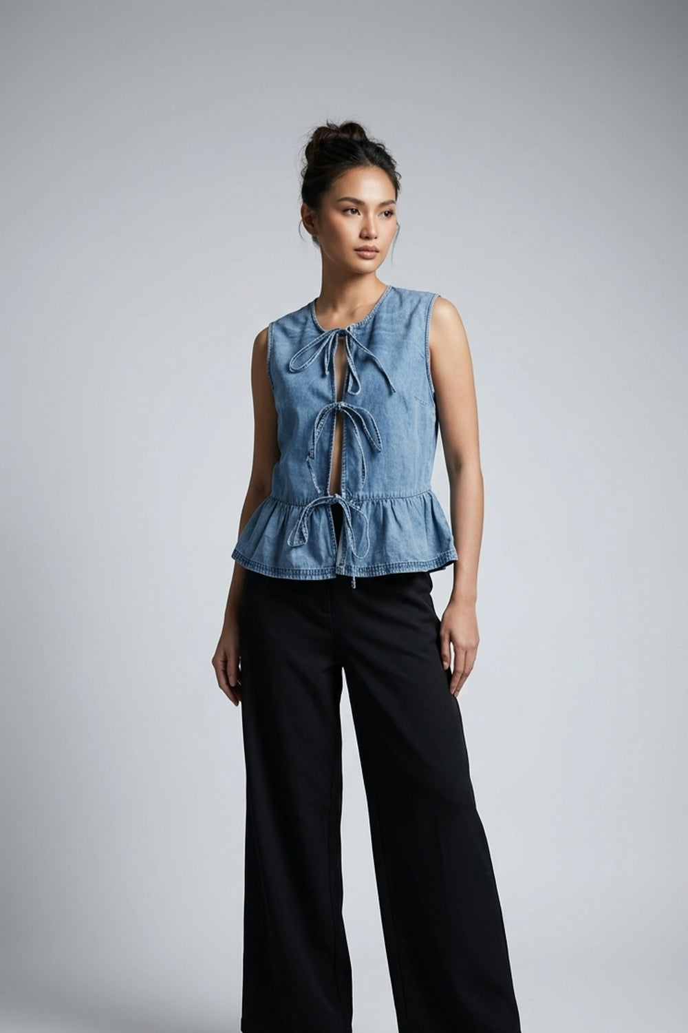 Women's Blue Denim Tie-Front Peplum Sleeveless Top