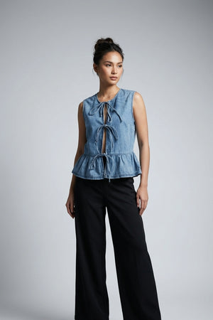 Women's Blue Denim Tie-Front Peplum Sleeveless Top