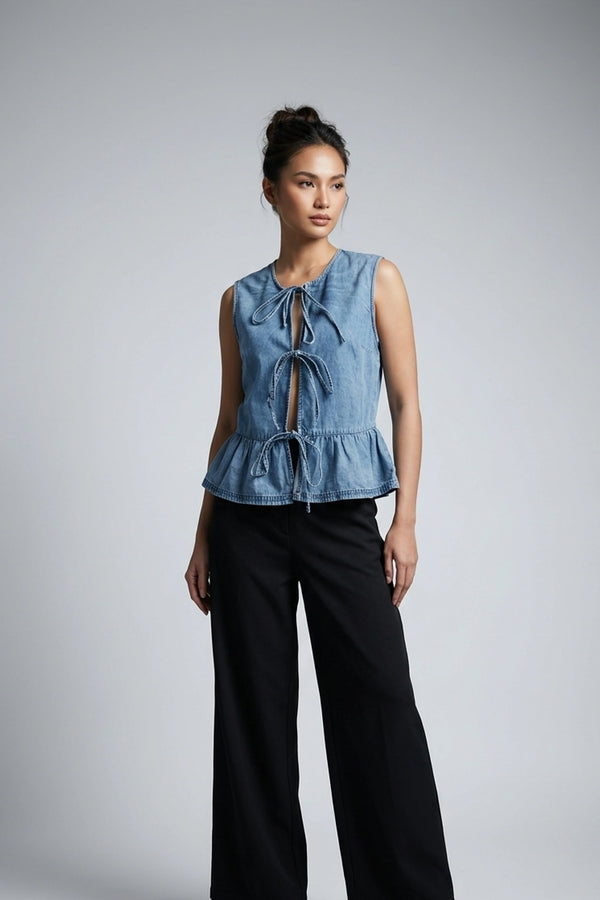 Women's Blue Denim Tie-Front Peplum Sleeveless Top