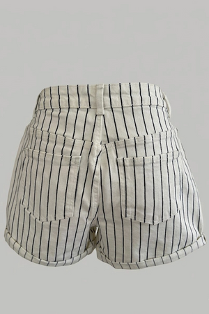 Women's White Striped High Rise Denim Shorts - Cuffed Hem