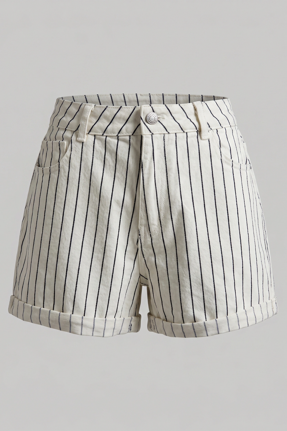 Women's White Striped High Rise Denim Shorts - Cuffed Hem