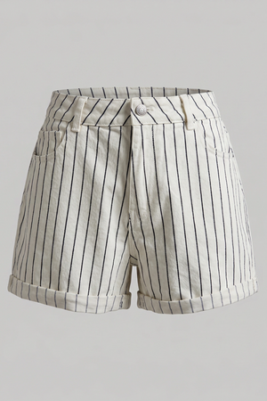 Women's White Striped High Rise Denim Shorts - Cuffed Hem