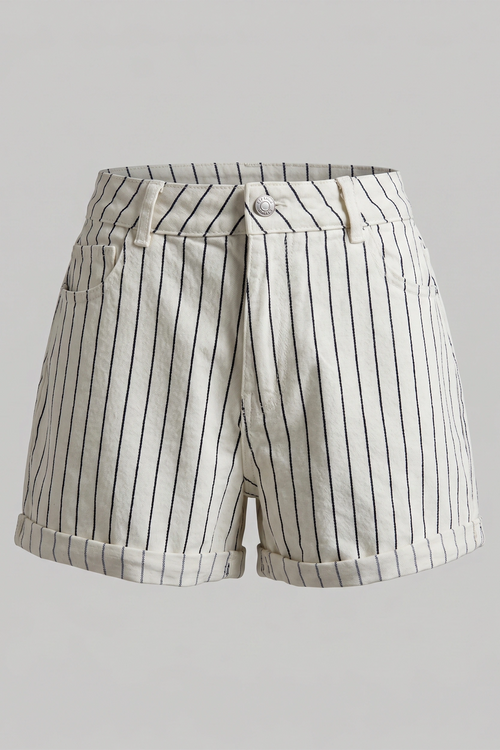 Women's White Striped High Rise Denim Shorts - Cuffed Hem