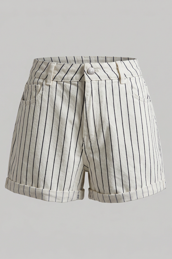Women's White Striped High Rise Denim Shorts - Cuffed Hem