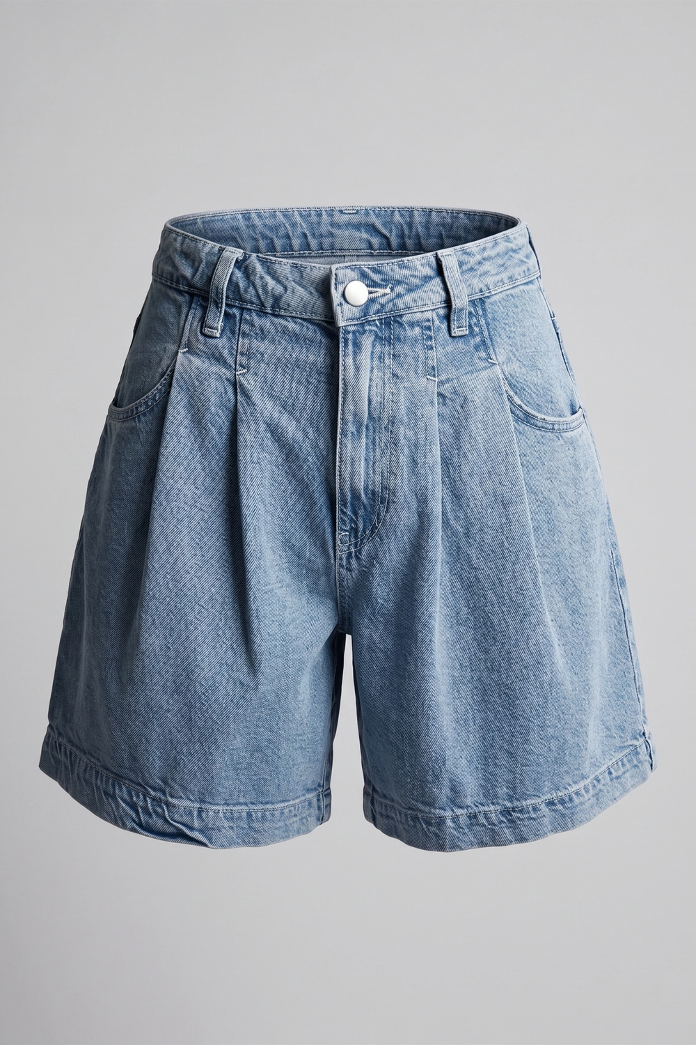 Women's Light Blue High Rise Pleated Denim Shorts - Relaxed