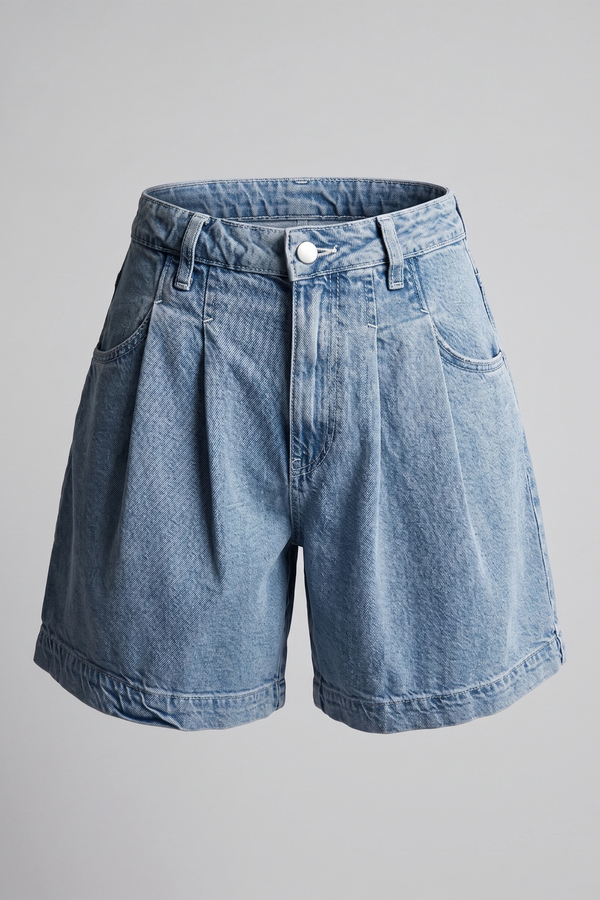 Women's Light Blue High Rise Pleated Denim Shorts - Relaxed