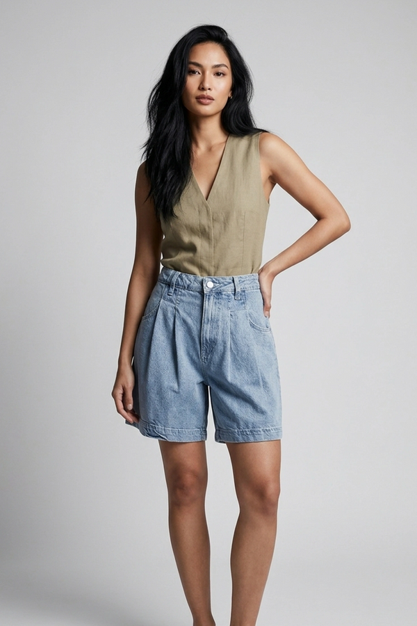 Women's Light Blue High Rise Pleated Denim Shorts - Relaxed