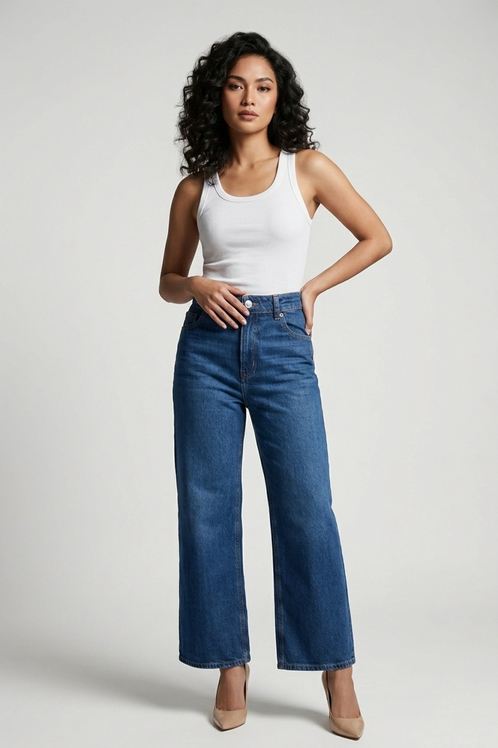Women's Dark Blue High Rise Wide Leg Denim Pants