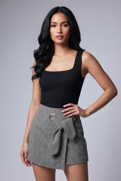 Women's Gray Checkered High Rise Tie Front Skort