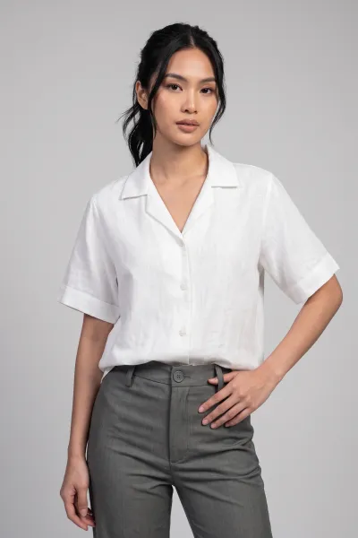 Ladies Soft Linen Polo Shirt Short Sleeve Women Top